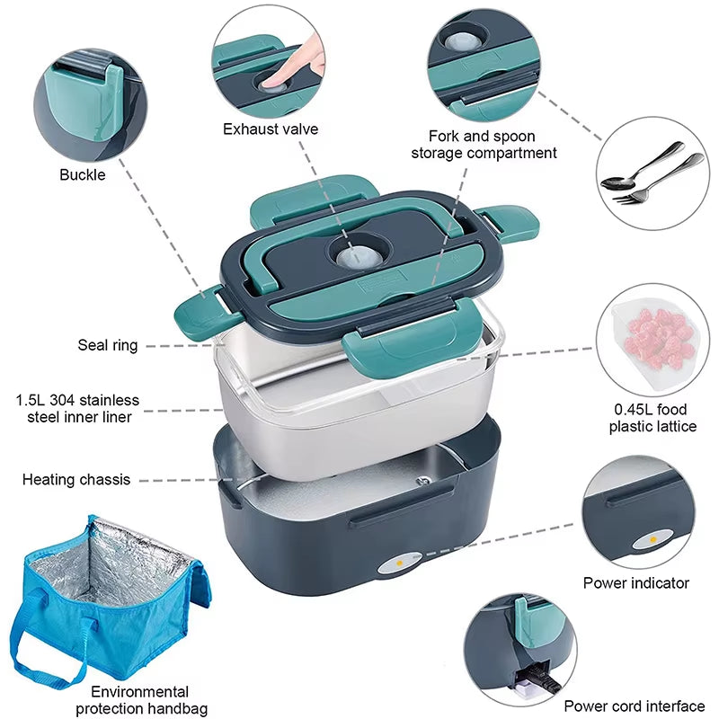 2 In1 Home Car Electric Lunch Box Stainless Steel Food Heating Bento Box 12V 24V 110V 220V Food Heated Warmer Container Set